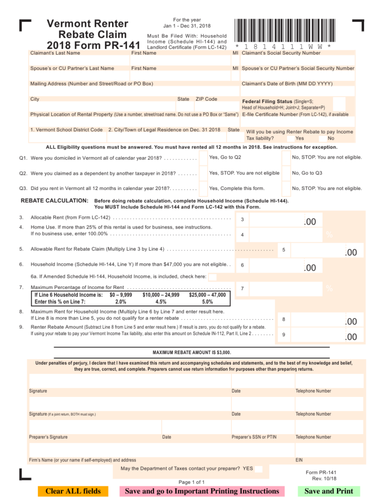 Form PR 141 Download Fillable PDF Or Fill Online Vermont Renter Rebate 