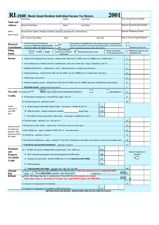 Form Ri 1040 Rhode Island Resident Individual Income Tax Return 2001 