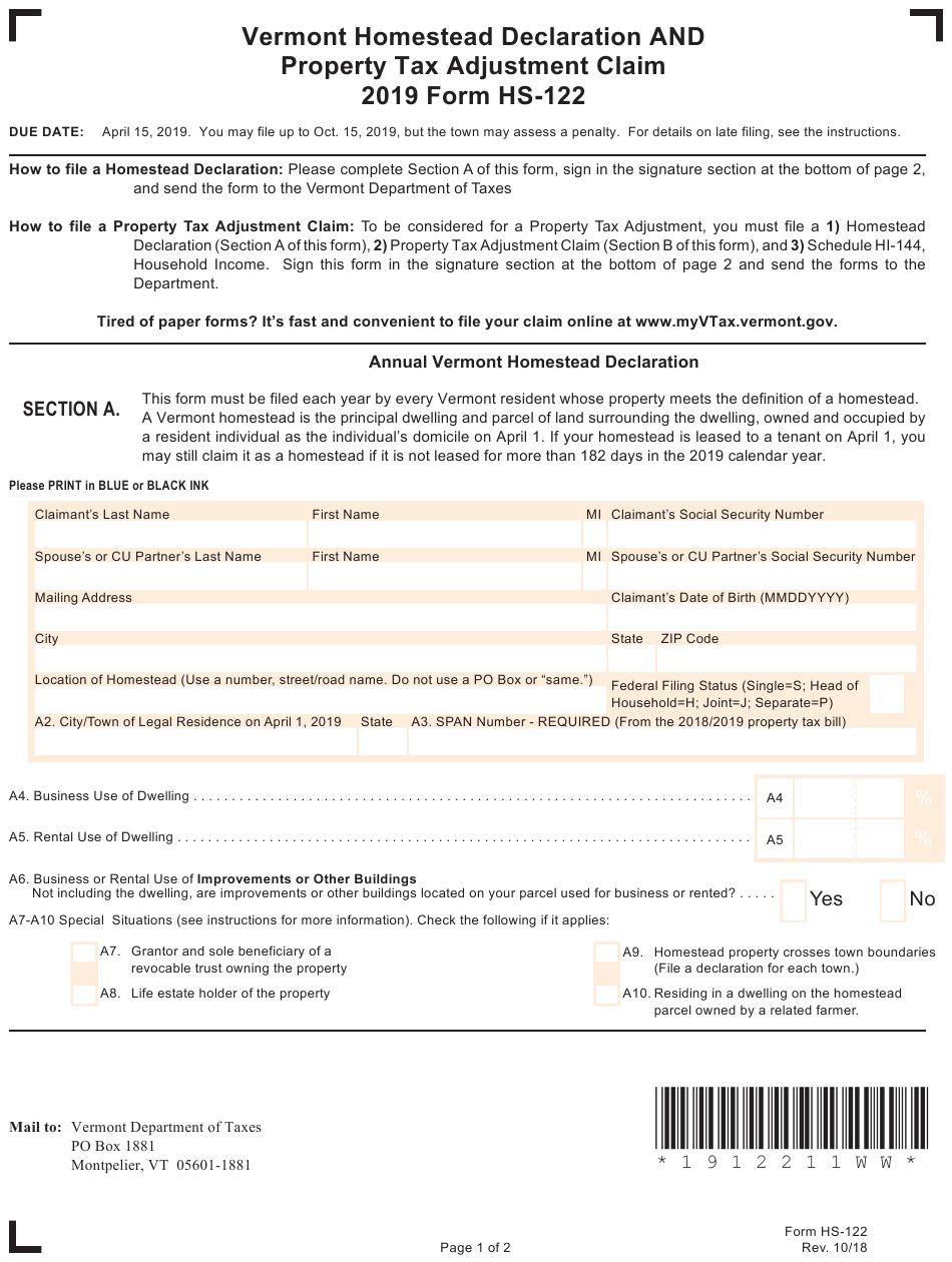 VT Form HS 122 Download Fillable PDF Or Fill Online Vermont Homestead 