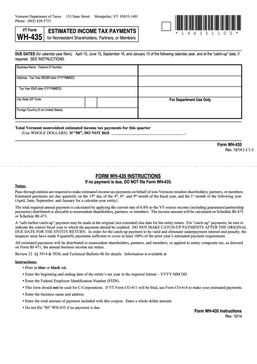 Vt Form Wh 435 Estimated Income Tax Payments For Nonresident 